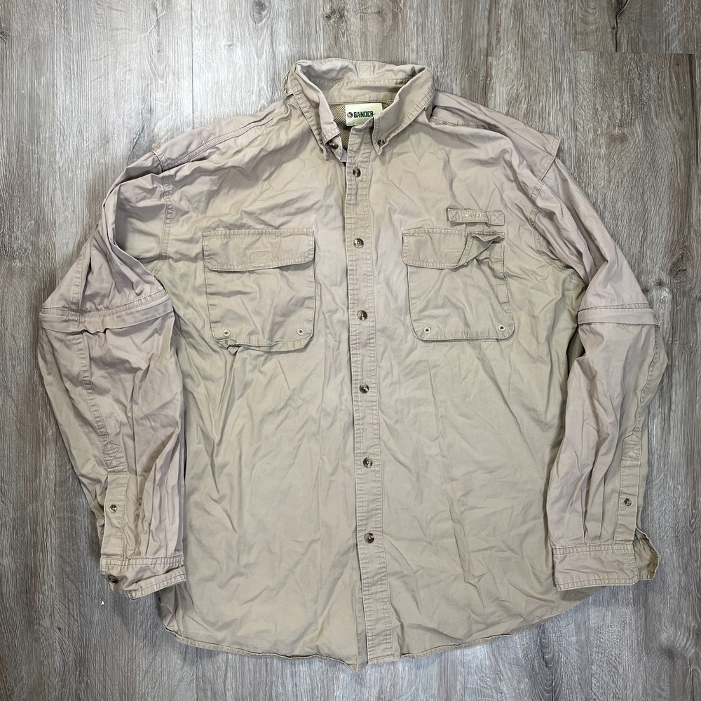 Gander Mtn. Shirt Mens XL Khaki Brown Zip Off Sleeves Vented Pockets